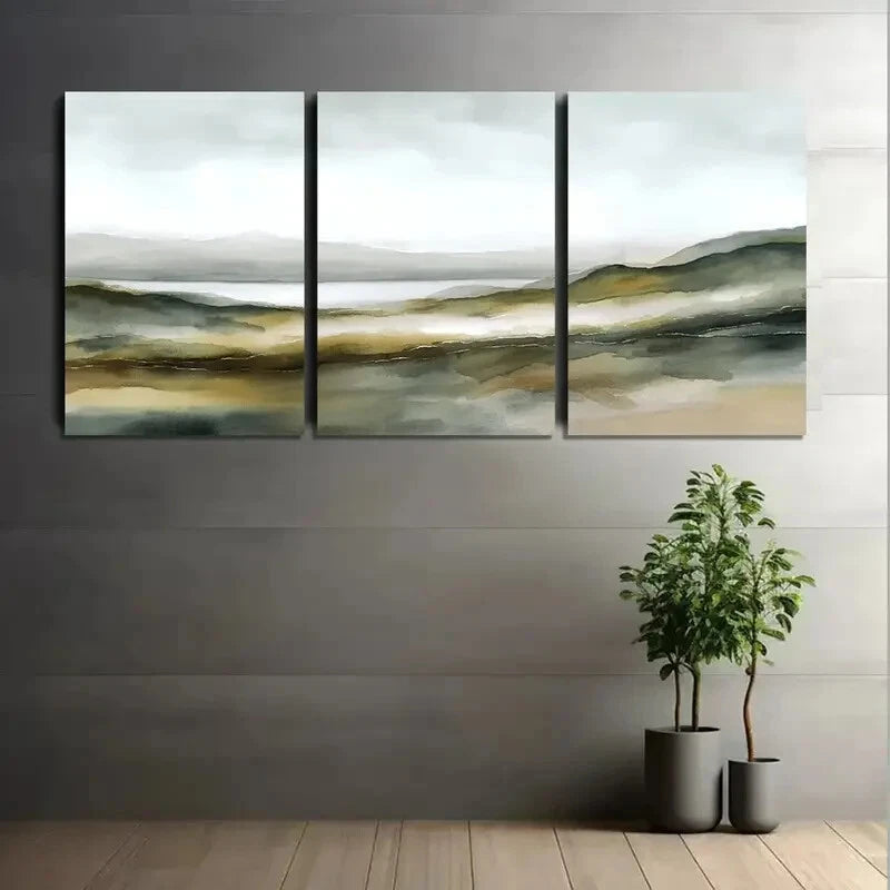 3pcs Abstract Highlands Soft Blues Beiges Whites Metal Print Ready to Hang Art