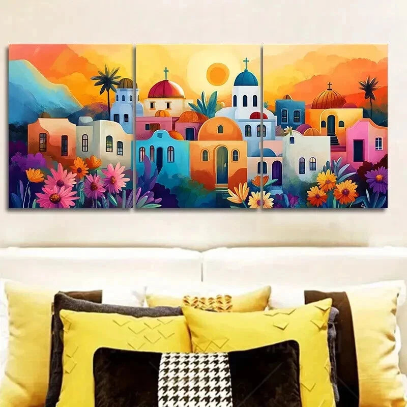 3pcs Greek island style town Wall Art Set Canvas Framed 50x70cm - High Quality Print 100% Australian Made Wall Canvas Ready to Hang
