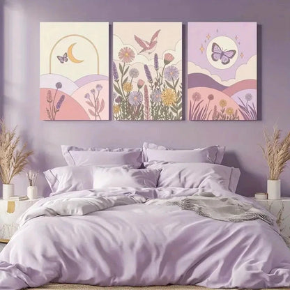 3pcs Moon Sun Mountains Flowers Bird Pastel Colors Metal Print Ready to Hang Art