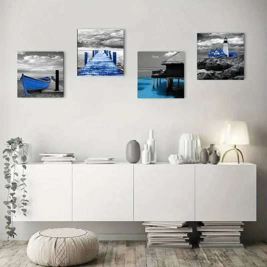 4pcs Black And White Blue Ocean Beach Coastal Wall Art Canvas Framed