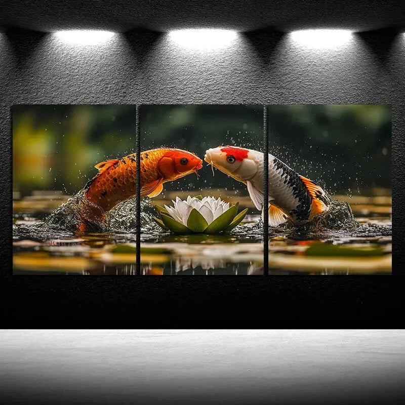 3pcs Goldfish on The Lotus Pond Metal Print Ready to Hang Art
