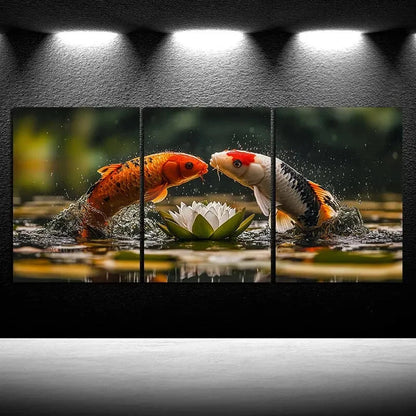 3pcs Goldfish on The Lotus Pond Metal Print Ready to Hang Art