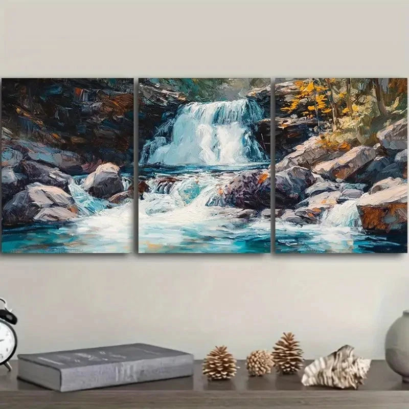 3pcs Cascaded River Painting Wall Art Set Canvas Framed 60x90cm - High Quality Print 100% Australian Made Wall Canvas Ready to Hang