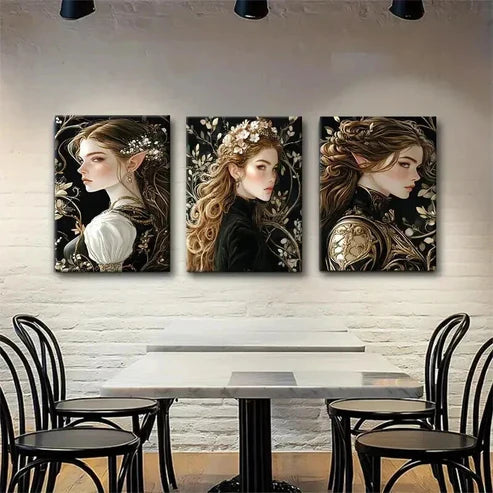 3pcs Enchanted Elven Golden Floral Women Perfect Wall Art Set Canvas Unframed - High Quality Print 100% Australian Made Wall Canvas