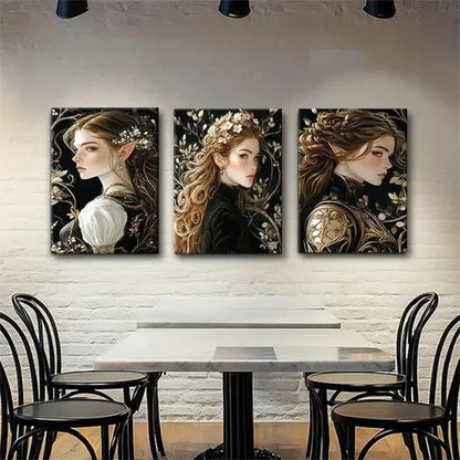 3pcs Enchanted Elven Golden Floral Women Perfect Wall Art Set Canvas Unframed - High Quality Print 100% Australian Made Wall Canvas