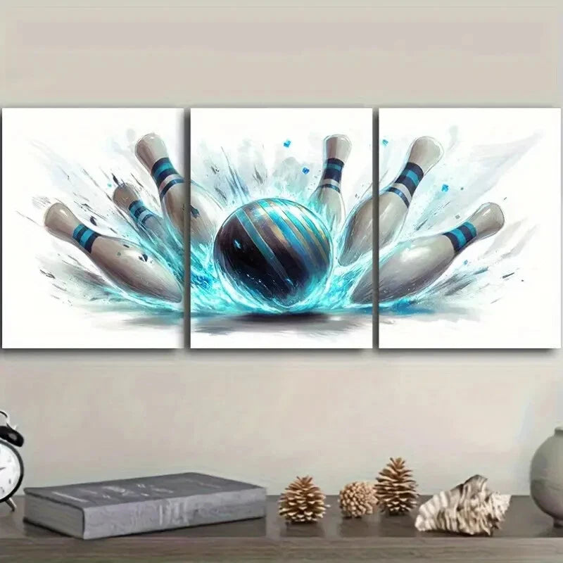 3pcs Dynamic Blue & White Bowling Design Metal Print Ready to Hang Art