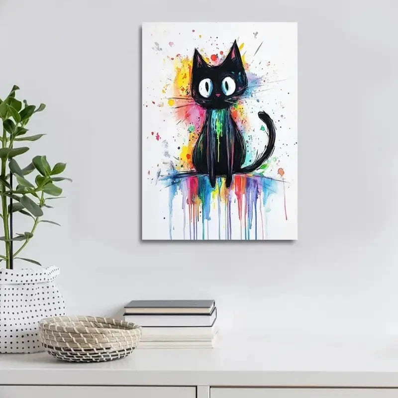 WhimsyArt Contemporary Abstract Black Cat Painting 40x60cm Metal Print Ready to Hang