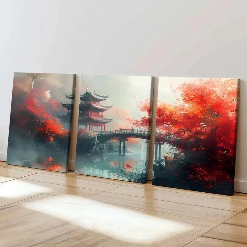 3pcs Chinese Ancient Style Painting Tower Bridge Wall Art Set Canvas Framed 40x60cm - High Quality Print 100% Australian Made Wall Canvas Ready to Hang