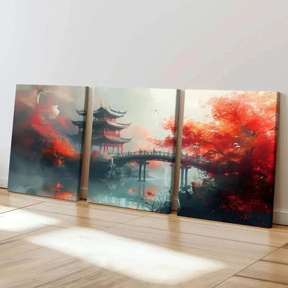 3pcs Chinese Ancient Style Painting Tower Bridge Wall Art Set Canvas Framed 40x60cm - High Quality Print 100% Australian Made Wall Canvas Ready to Hang