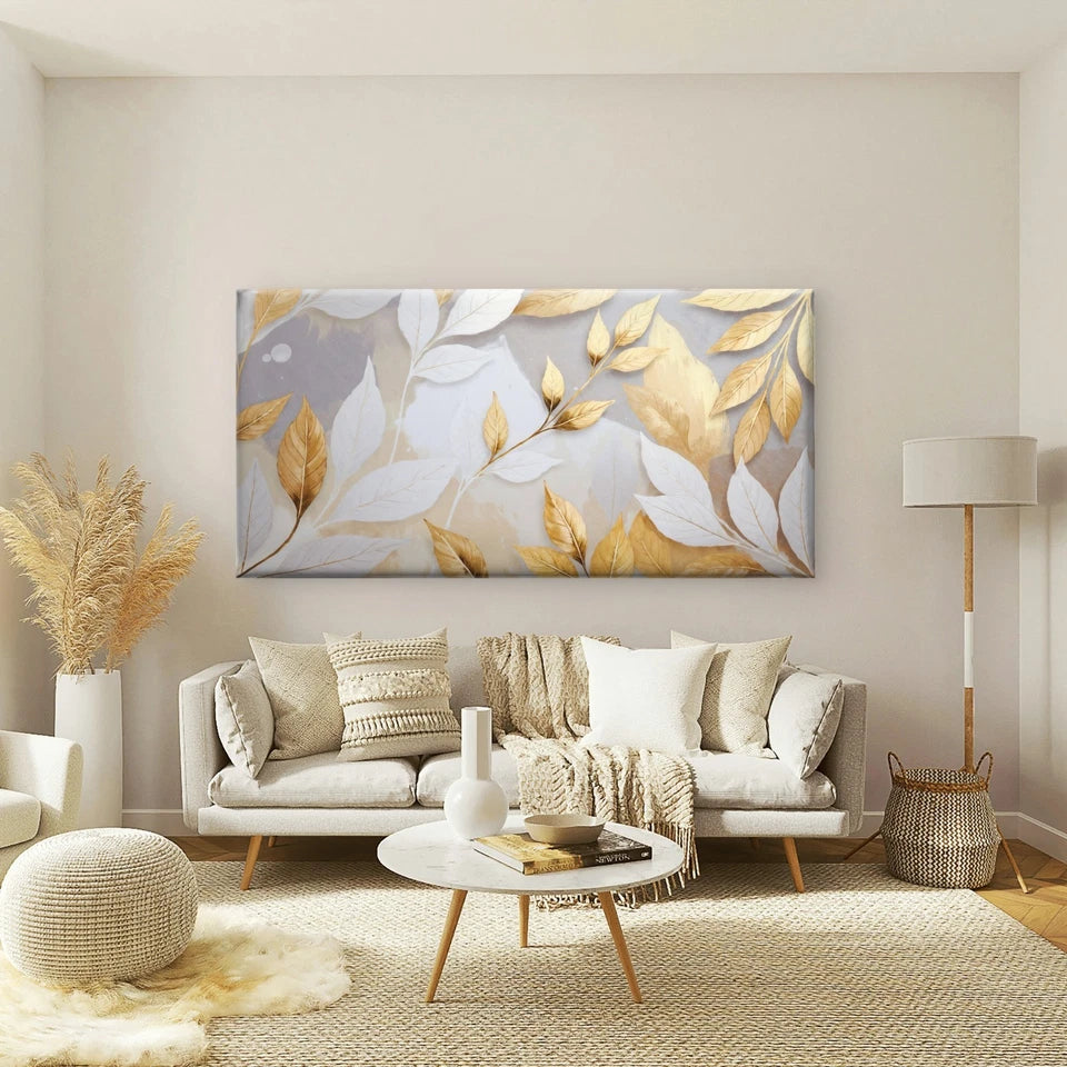 Golden Abstract Leaf Texture Wall Art Canvas Office Home Room Framed 120x60cm