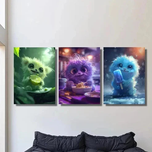 3pcs Monster Eating Noodles Ice Cream Lemon Wall Art Canvas Unframed - High Quality Print 100% Australian Made Wall Canvas