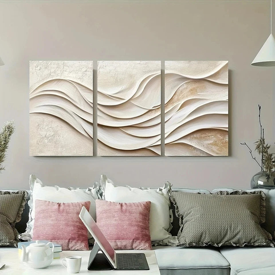 3pcs Abstract Wave White and Beige Design Texture Metal Print Ready to Hang Art