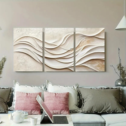 3pcs Abstract Wave White and Beige Design Texture Metal Print Ready to Hang Art
