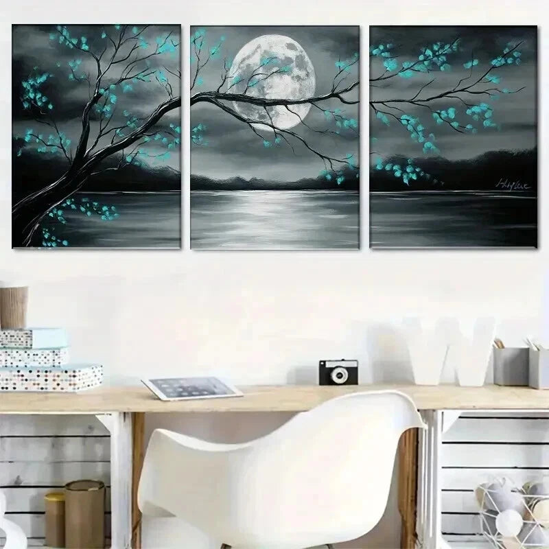 3pcs Gray and Teal Floral Landscape & Full Moon Wall Art Set Canvas Framed 40x60cm - High Quality Print 100% Australian Made Wall Canvas Ready to Hang