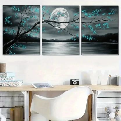 3pcs Gray and Teal Floral Landscape & Full Moon Wall Art Set Canvas Framed 40x60cm - High Quality Print 100% Australian Made Wall Canvas Ready to Hang