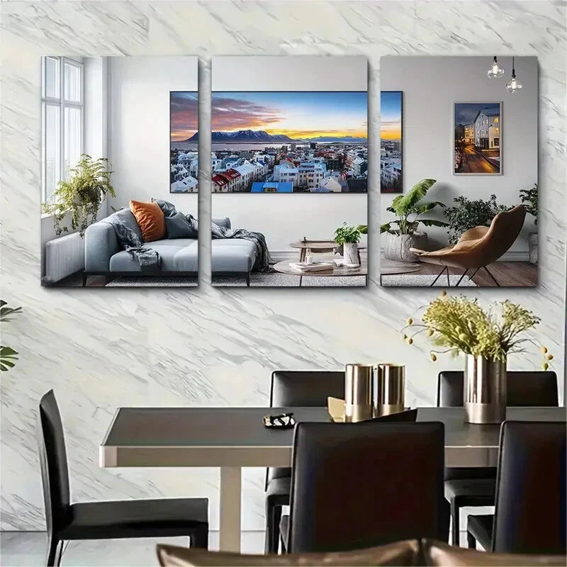 3pcs Vibrant Sunset & Street Scene Icelandic Metal Print Ready to Hang Art