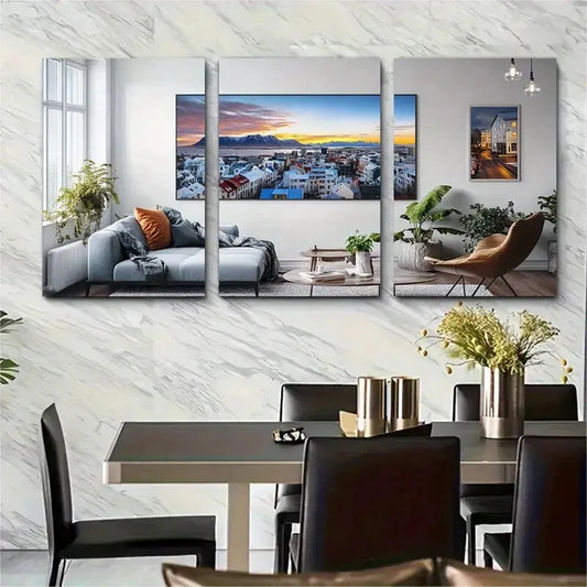 3pcs Vibrant Sunset & Street Scene Icelandic Metal Print Ready to Hang Art