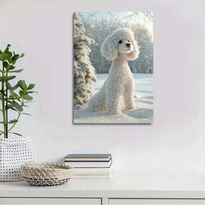 Beautiful White Poodle On The Snow Painting 40x60cm Metal Print Ready to Hang