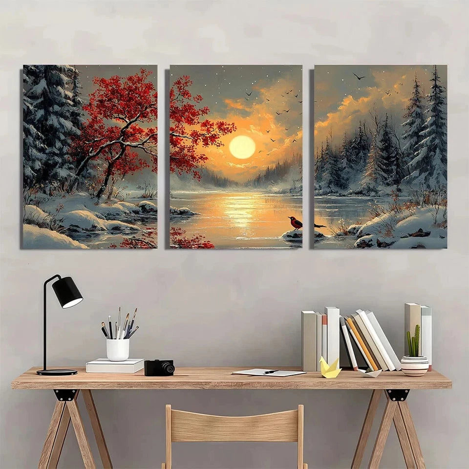 3pcs Winter Wonderland Snowy Tree Birds and Sunset Metal Print Ready to Hang Art