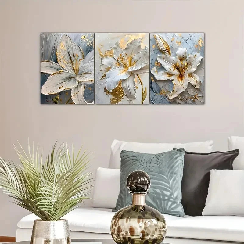 3pcs Elegant Golden and White Flowers Metal Print Ready to Hang Art