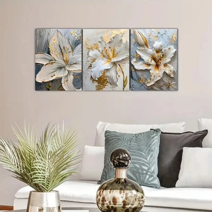 3pcs Elegant Golden and White Flowers Metal Print Ready to Hang Art