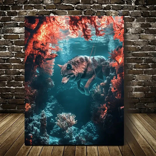 Surreal Wolf Swinging in Underwater Coral Painting 40x60cm Metal Print Ready to Hang