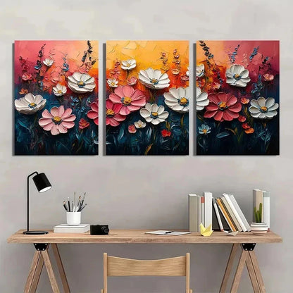 3pcs Pink Meadow & Wildflower Textured Perfect Wall Art Set Canvas Framed 60x90cm - High Quality Print 100% Australian Made Wall Canvas Ready to Hang