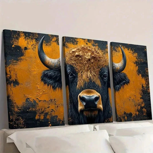 3pcs Orange & Black Bison Buffalo Decoration Wall Art Set Canvas Framed 40x60cm - High Quality Print 100% Australian Made Wall Canvas Ready to Hang