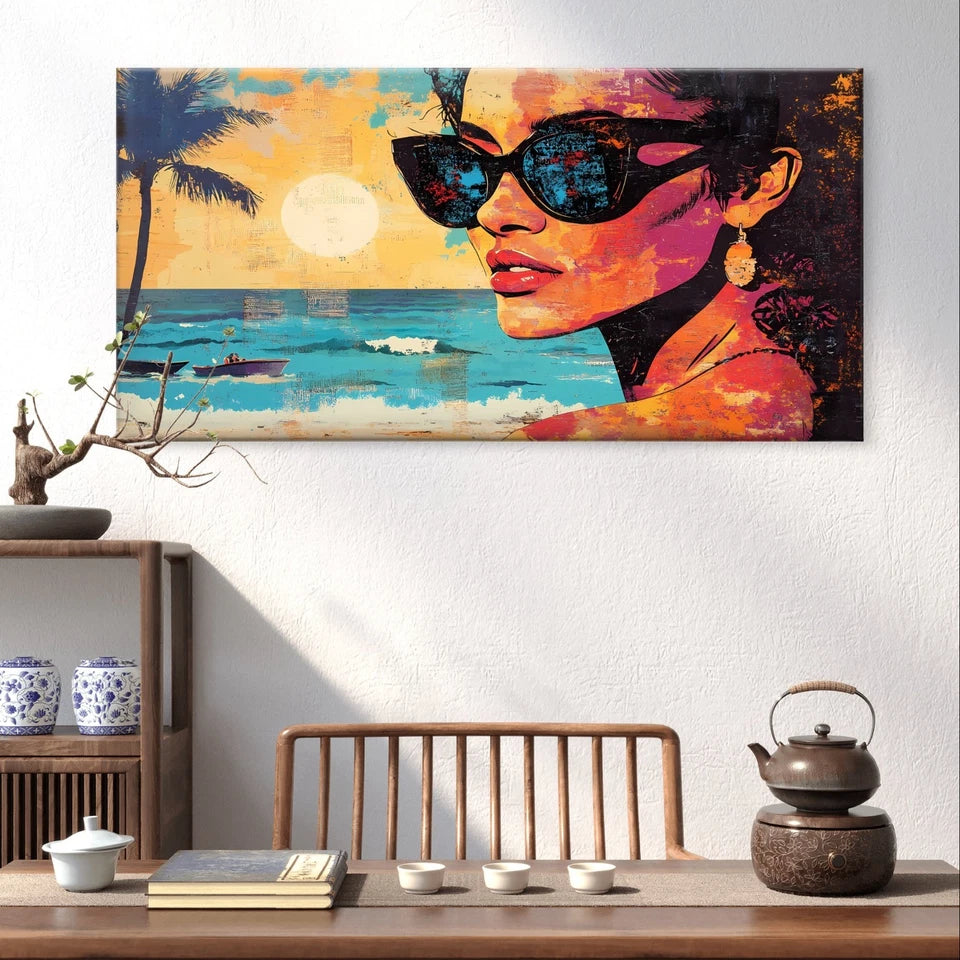 Vibrant Pop Art Woman in Sunglasses Wall Art Canvas Office Home Framed 120x60cm