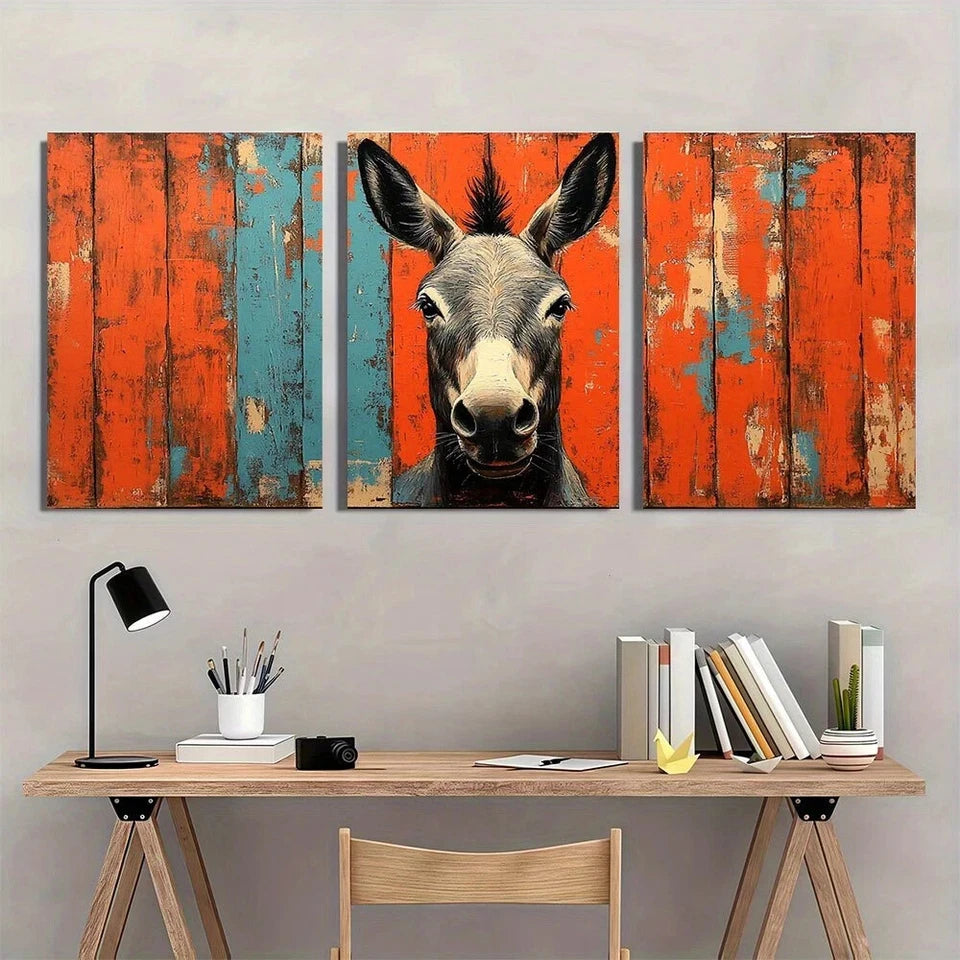 3pcs Vibrant Teal & White Abstract Donkey Metal Print Ready to Hang Art