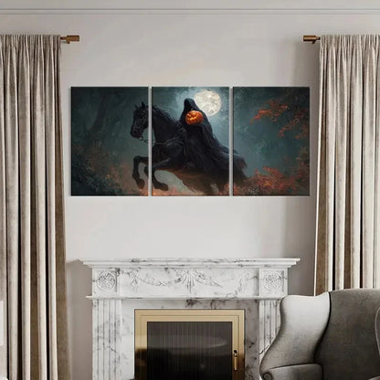 3pcs Pumpkin-Headed Horse Rider in Dark Forest Metal Print Ready to Hang Art
