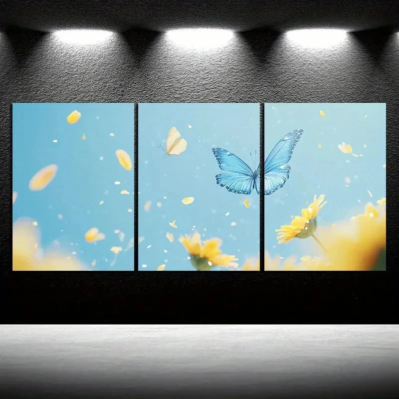 3pcs Sunflowers and Blue Butterfly Metal Print Ready to Hang Art
