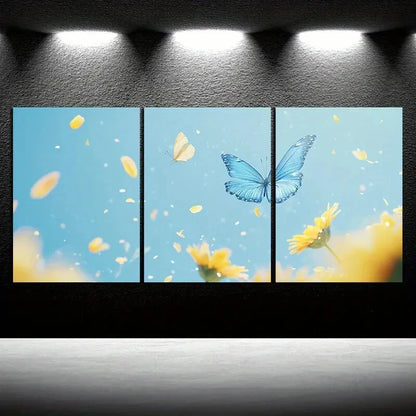 3pcs Sunflowers and Blue Butterfly Metal Print Ready to Hang Art
