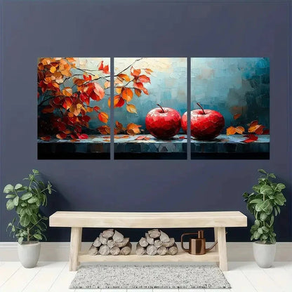 3pcs Vibrant Autumn Apple Orange Leaves on Blue Metal Print Ready to Hang Art