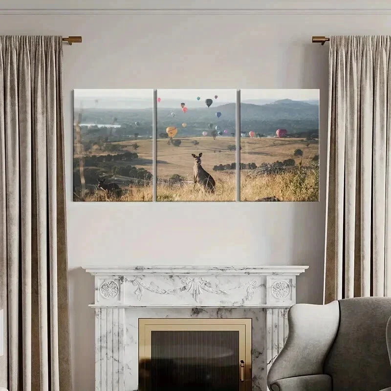 3pcs Kangaroo Hot Air Balloon Decoration Wall Art Set Canvas Framed 40x60cm - High Quality Print 100% Australian Made Wall Canvas Ready to Hang