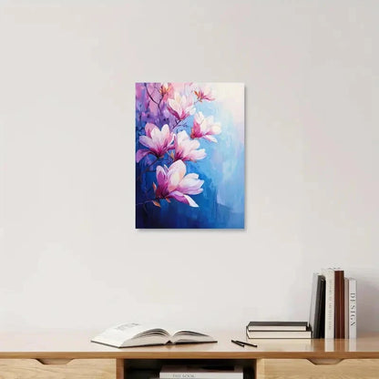 Framed floral painting on a wall above a wooden shelf with books and an open book.