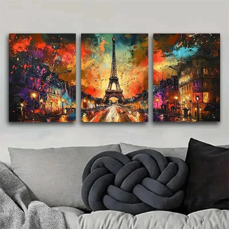 3pcs Abstract Eiffel Tower Nightscape Perfect Wall Art Set Canvas Framed 40x60cm - High Quality Print 100% Australian Made Wall Canvas Ready to Hang