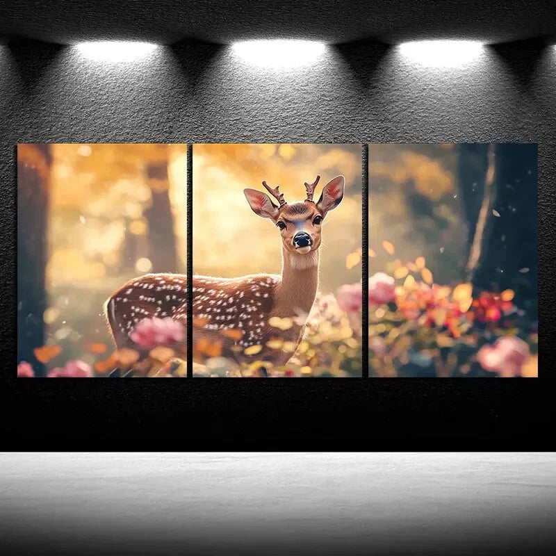 3pcs Deer Under the Sun Flowers Metal Print Ready to Hang Art