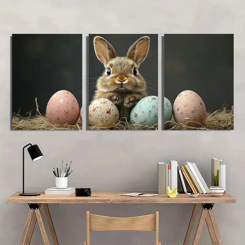 3pcs Black Retro Easter Bunny Pastel Perfect Wall Art Set Canvas Framed 40x60cm - High Quality Print 100% Australian Made Wall Canvas Ready to Hang