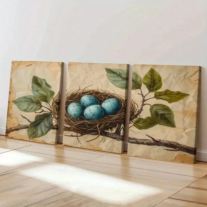 3pcs Bird's Nest Blue Eggs Green Leaves Wall Art Set Canvas Framed 40x60cm - High Quality Print 100% Australian Made Wall Canvas Ready to Hang