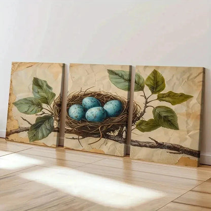 3pcs Bird's Nest Blue Eggs Green Leaves Wall Art Set Canvas Framed 40x60cm - High Quality Print 100% Australian Made Wall Canvas Ready to Hang