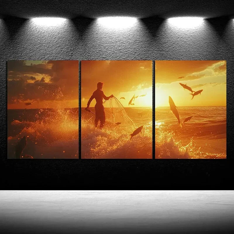 3pcs Fishermen Casting Nets Painting Metal Print Ready to Hang Art