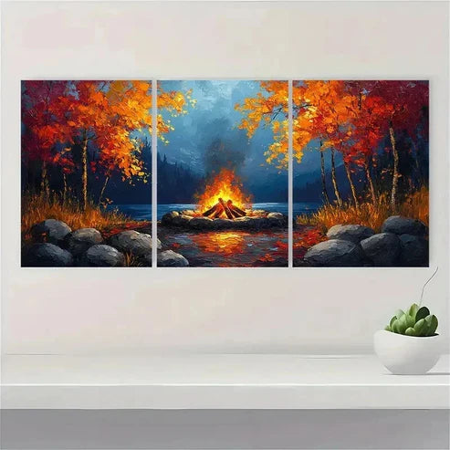 3pcs Cozy Campfire Painting Bold Tones SA Wall Art Set Canvas Unframed - High Quality Print 100% Australian Made Wall Canvas
