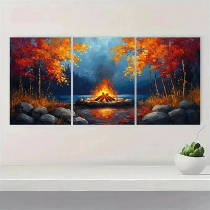 3pcs Cozy Campfire Painting Bold Tones SA Wall Art Set Canvas Unframed - High Quality Print 100% Australian Made Wall Canvas