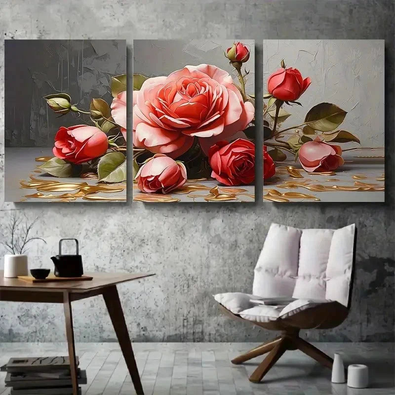 3pcs Red Rose Luxurious Floral Golden Accents Wall Art Set Canvas Framed 40x60cm - High Quality Print 100% Australian Made Wall Canvas Ready to Hang