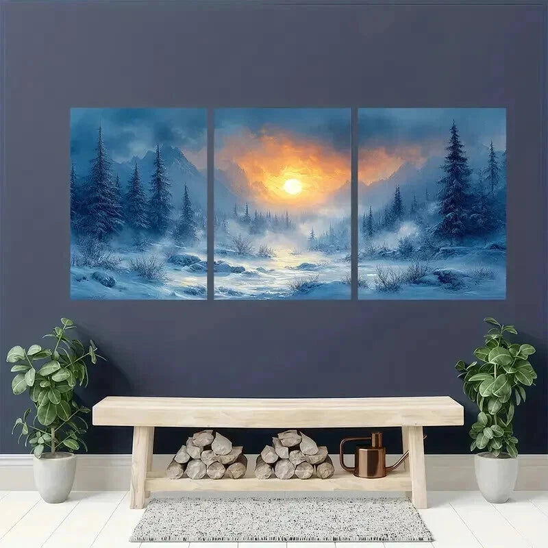 3pcs Snowy Forest and Mountain Scenery with Sun Wall Art Set Canvas Framed 40x60cm - High Quality Print 100% Australian Made Wall Canvas Ready to Hang