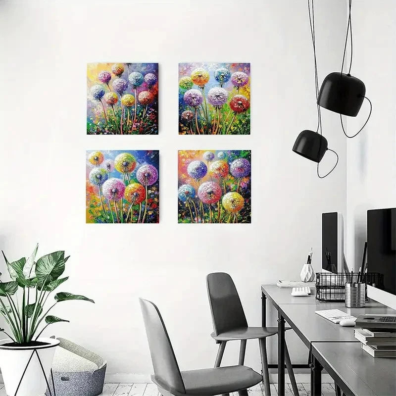 4pcs Colorful Dandelion Pattern Wall Art Canvas Framed