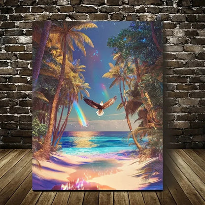 Surreal Eagle Swinging from Trees on Sandy Painting 40x60cm Metal Print Ready to Hang