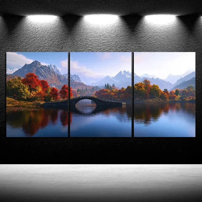 3pcs The Stone Bridge on The Lake Metal Print Ready to Hang Art