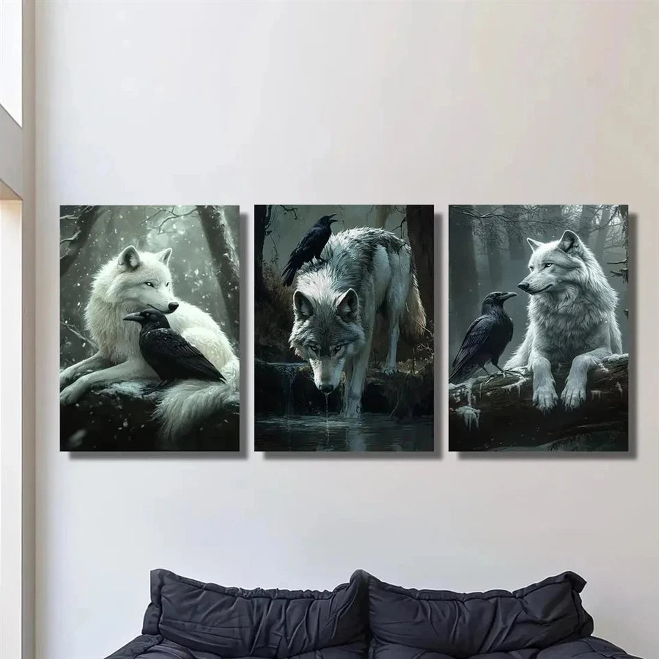 3pcs Raven and Wolf Dark Style Wild Animals Metal Print Ready to Hang Art